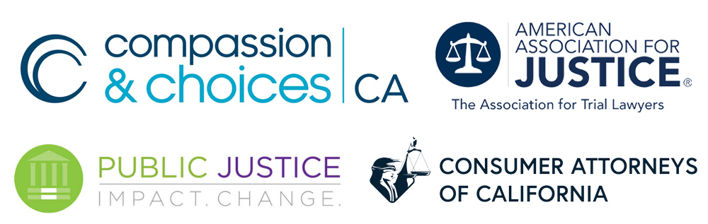 Compassion & Choices CA Logo along with American Association for Justice, Public Justice, and Consumer Attorneys of California