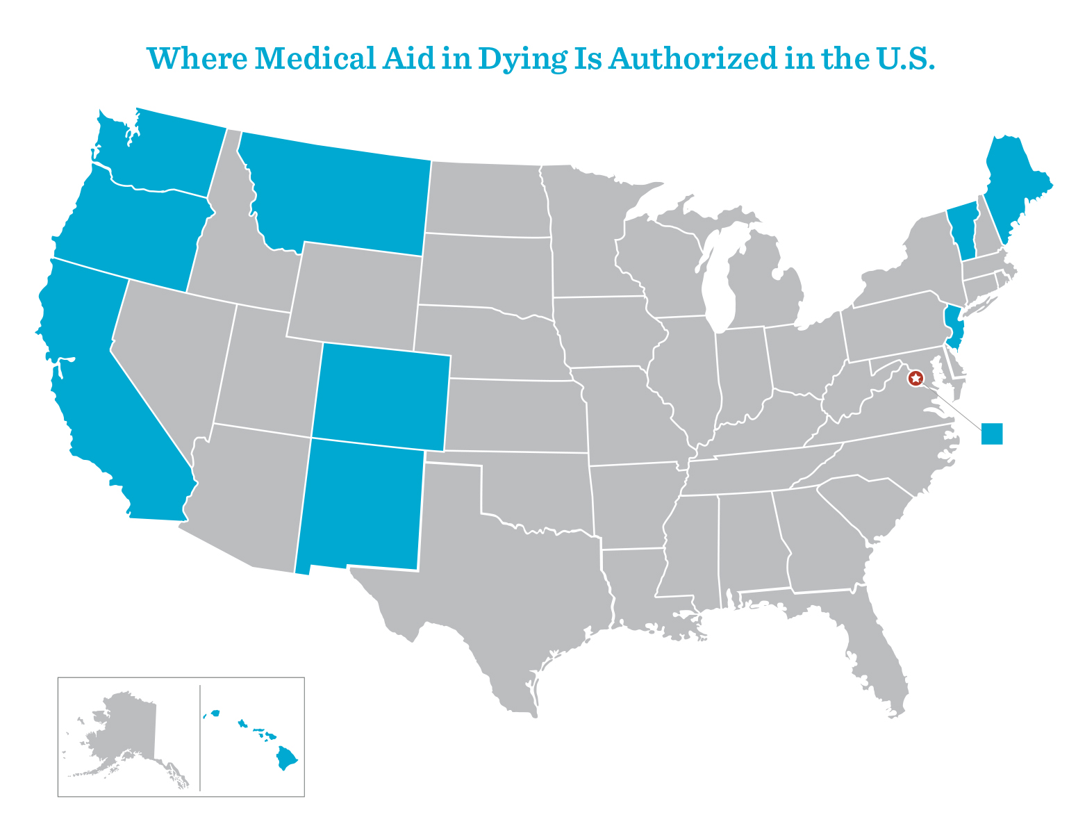 Map of the states and territories where Medical Aid in Dying is Authorized